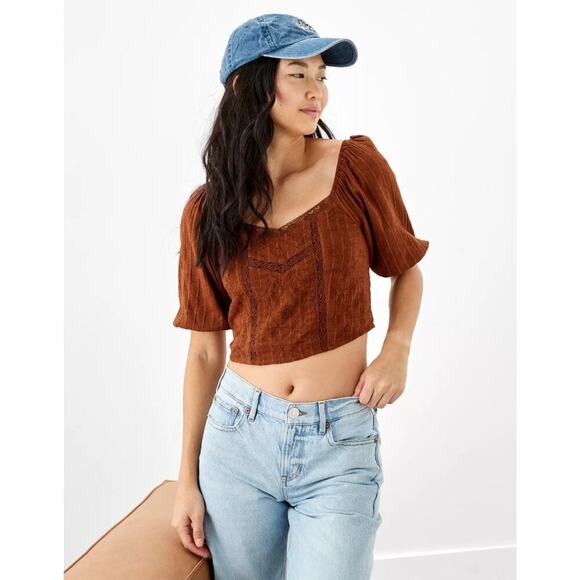 American Eagle Outfitters Tops - NWT American Eagle Brown Cropped Puff-Sleeve Smocked Blouse Top Size L